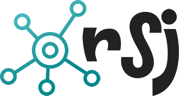 Connected nodes graphic with italic R letter
